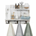 2 Tier White Washed Solid Wood Bathroom Storage Shelves with 6 Hooks E736250