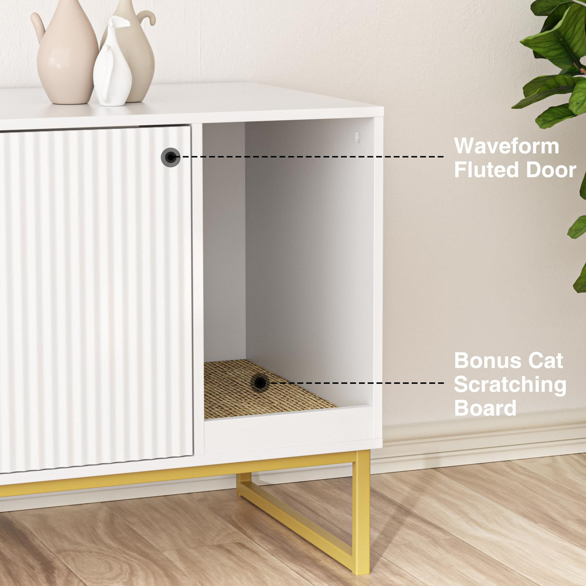 White Cat Litter Box Enclosure with Scratch Pad and Metal Legs O1456