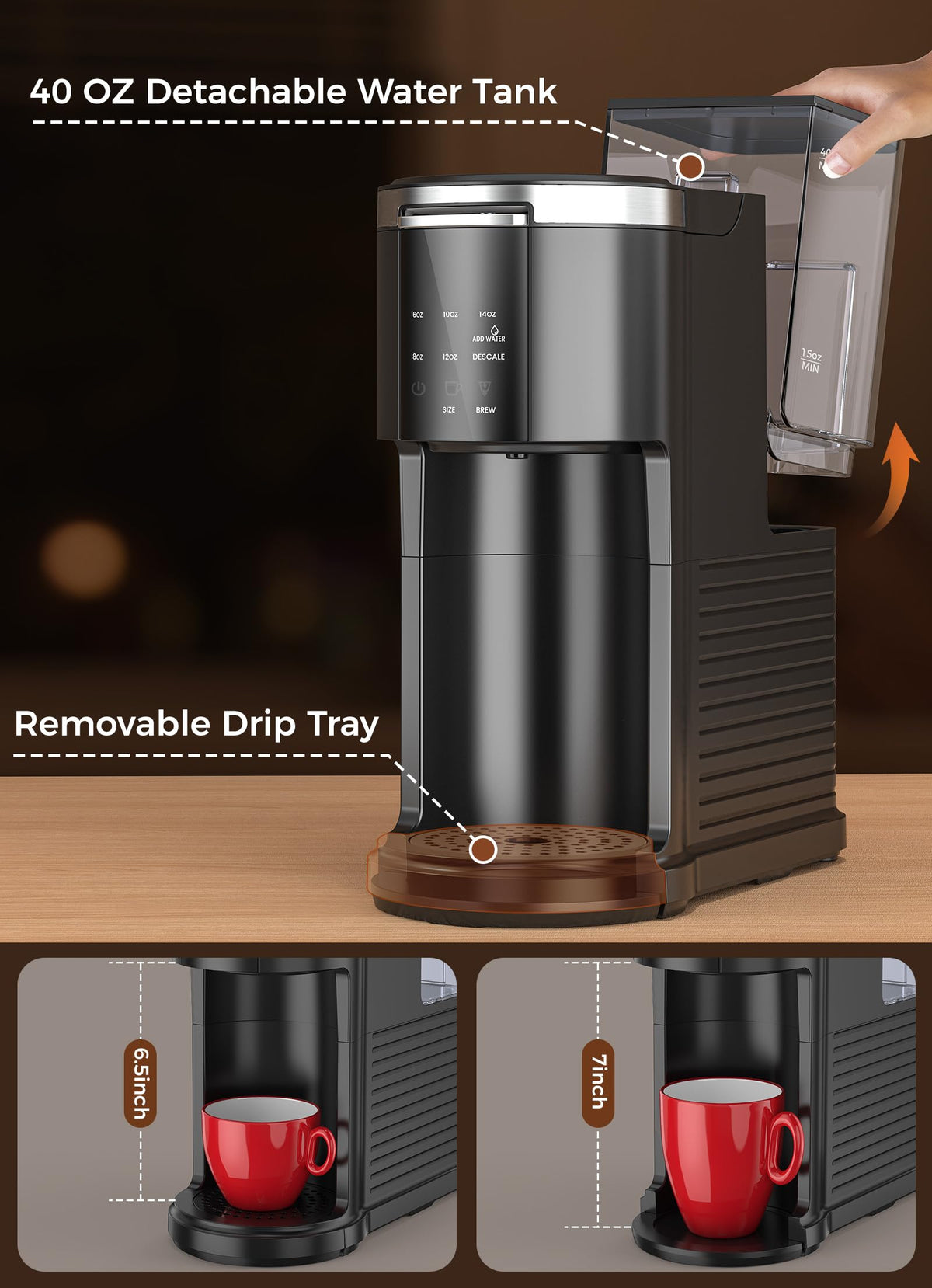 Single Serve Coffee Maker with 40 Oz Water Tank, Satin Black E13311