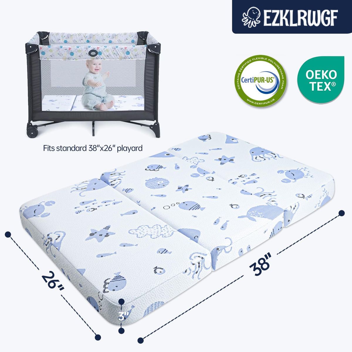 Dual Sided Soft & Firm Memory Foam Trifold Pack and Play Mattress I4857