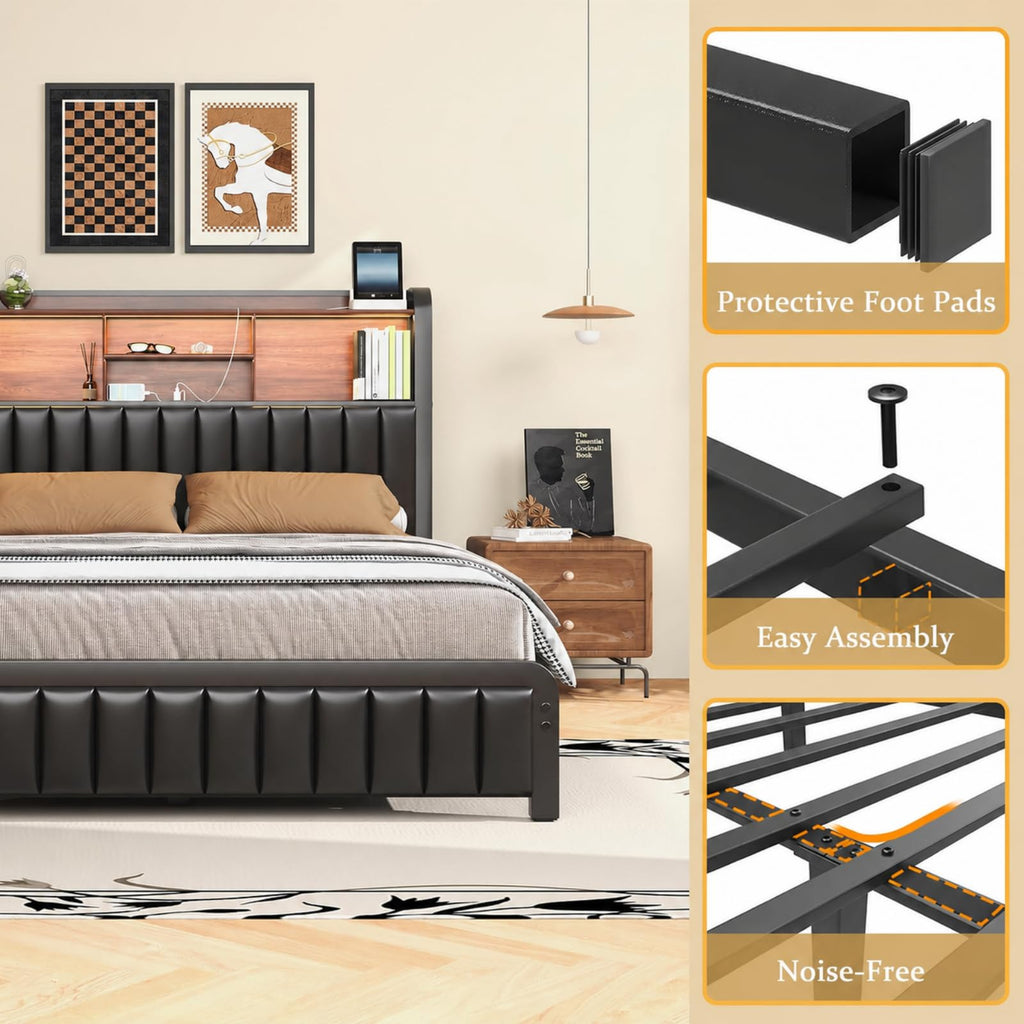 Black Full Size Bed Frame with Storage Headboard X394