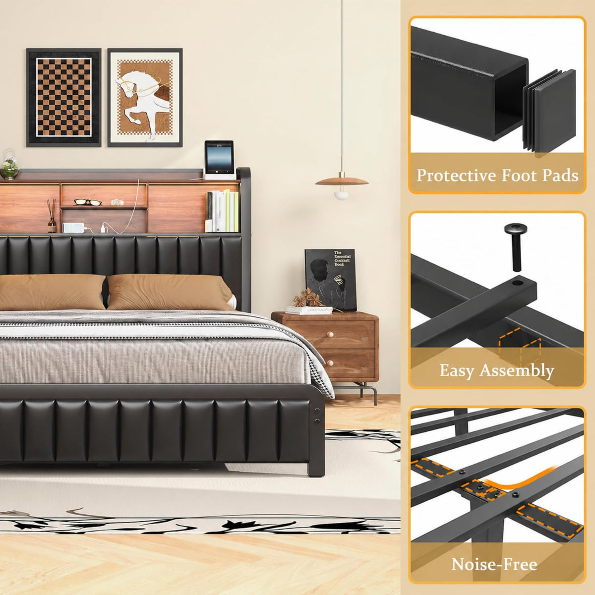 Black Full Size Bed Frame with Storage Headboard X394
