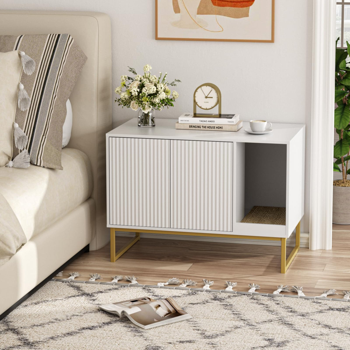 White Cat Litter Box Enclosure with Scratch Pad and Metal Legs O1456