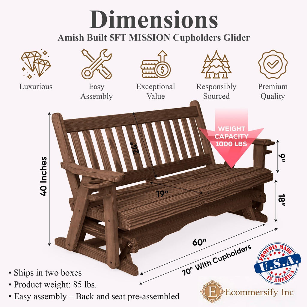 5 FT Walnut 3 Person Solid Pine Wood Glider Bench F557