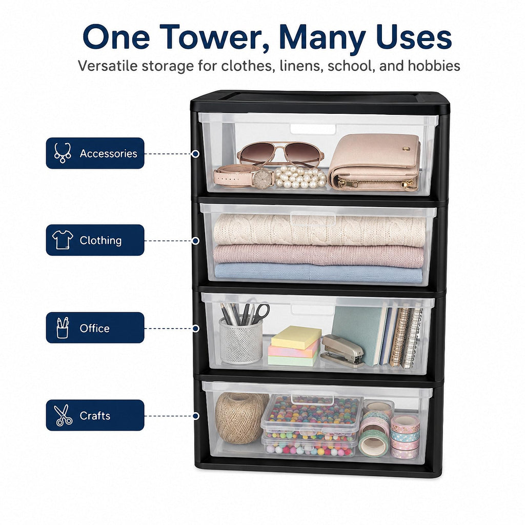 4 Drawer Black Plastic Storage Tower L321
