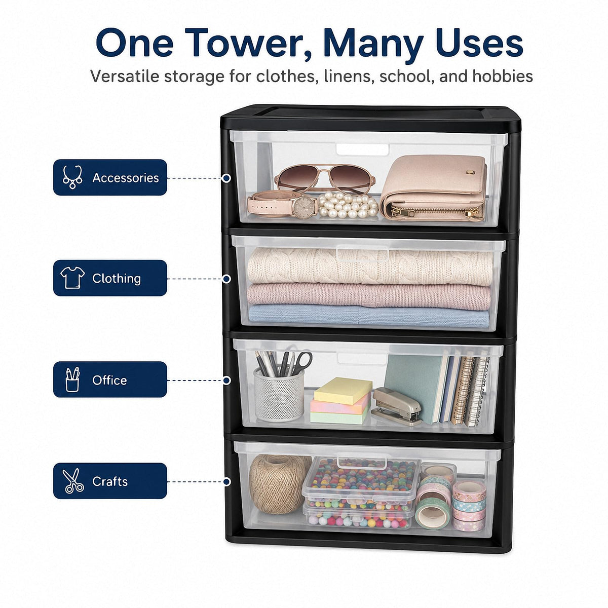 4 Drawer Black Plastic Storage Tower L321