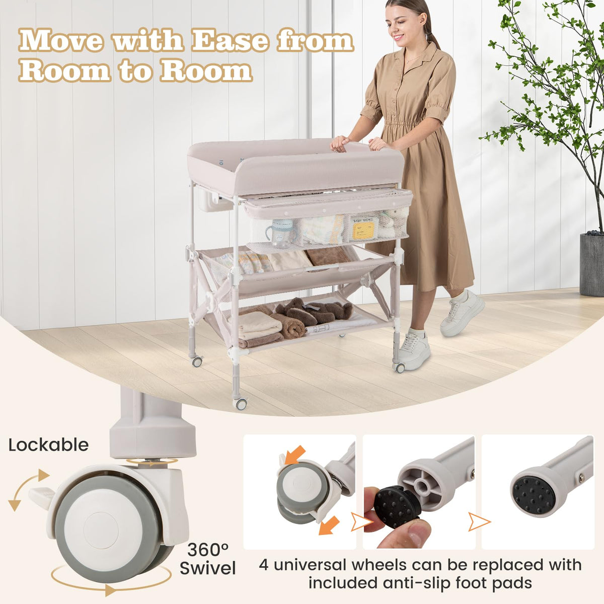 Portable Foldable Baby Changing Table with Wheels X971691