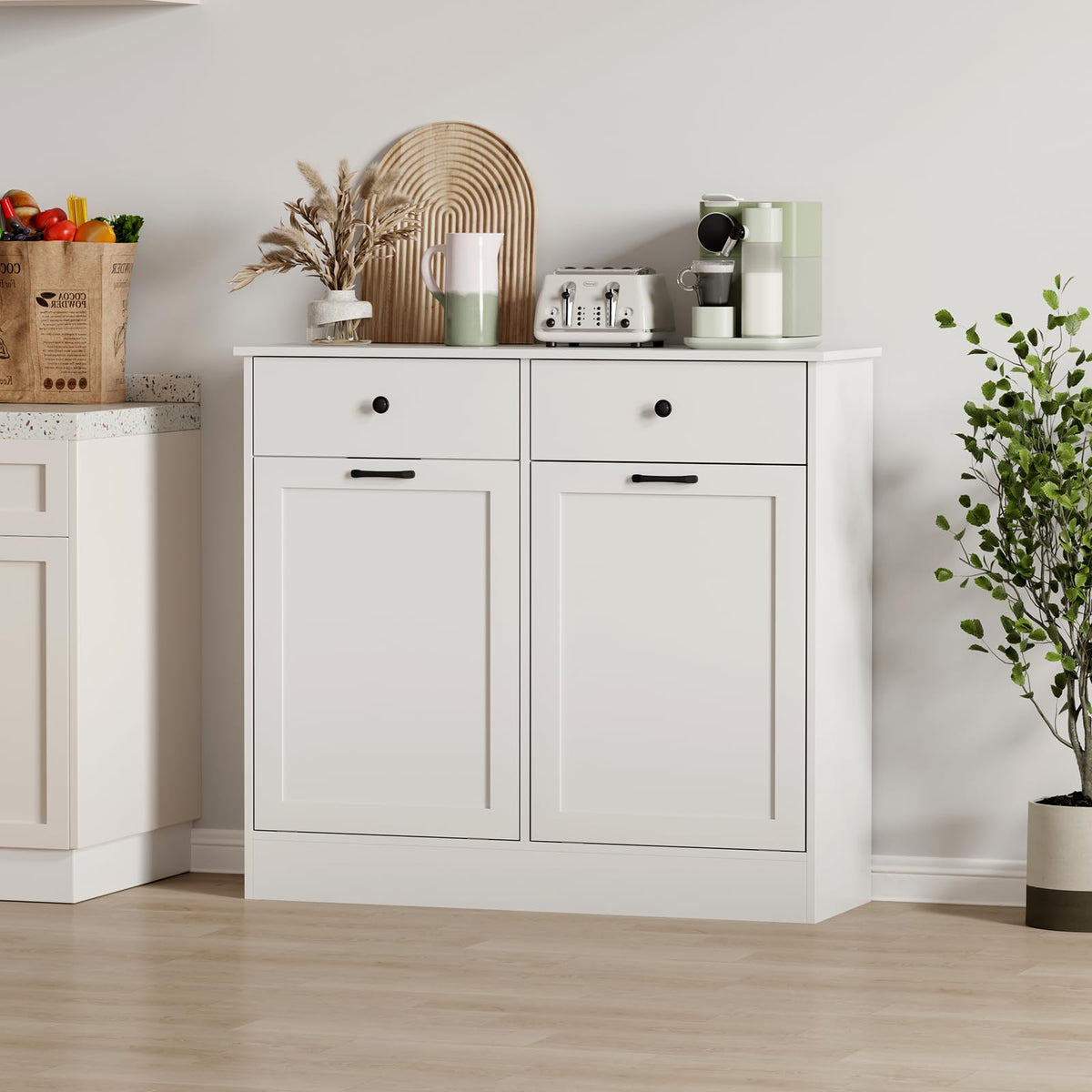White 20-Gallon Wooden Tilt-Out Trash Can Cabinet N1727