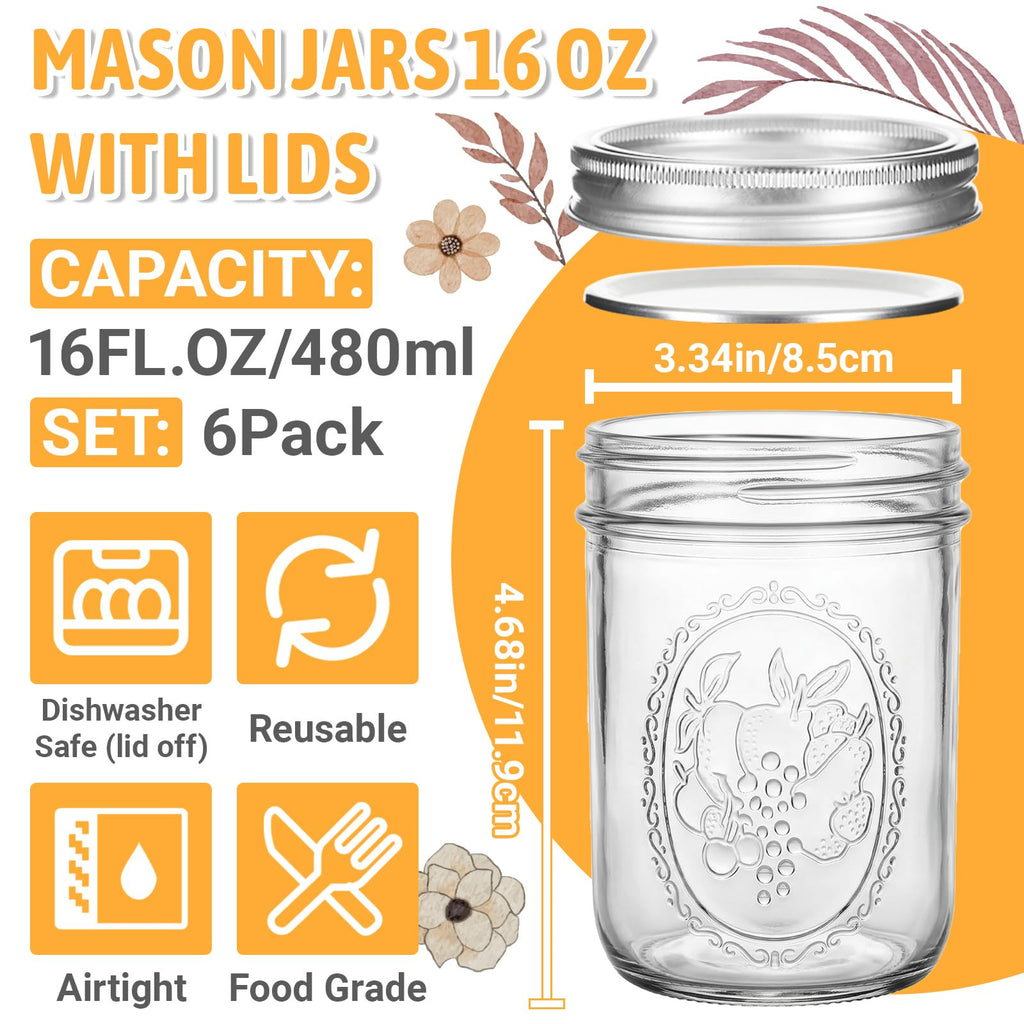 16 oz 6 Pack Wide Mouth Mason Jars with Airtight Lids H5776