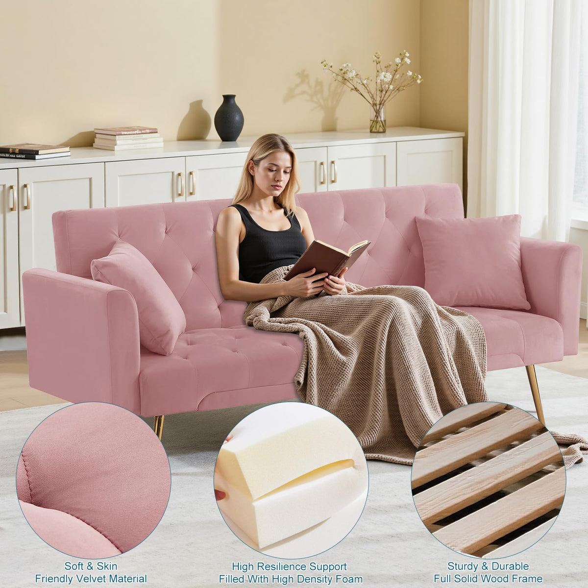 Pink Velvet Convertible Sofa Bed C640824