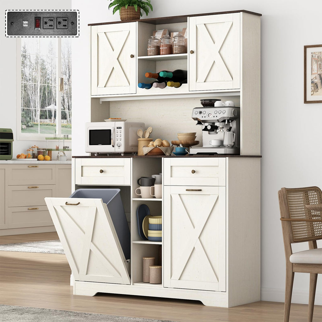 White Kitchen Pantry Storage Cabinet with Power Outlets and Two Drawers J6459