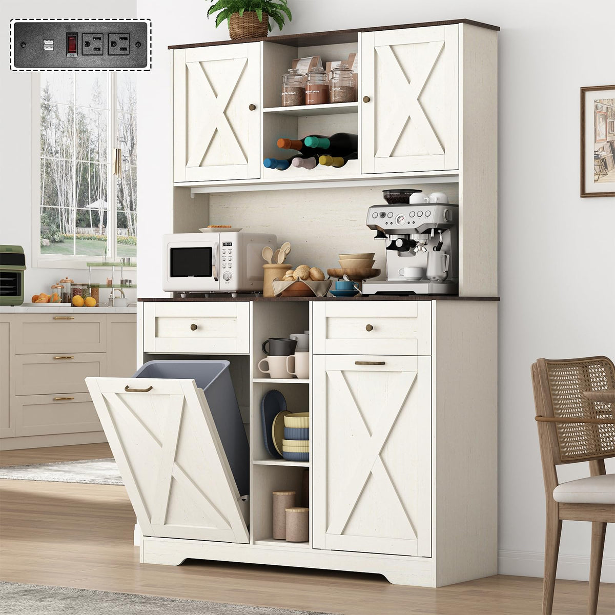 White Kitchen Pantry Storage Cabinet with Power Outlets and Two Drawers J6459