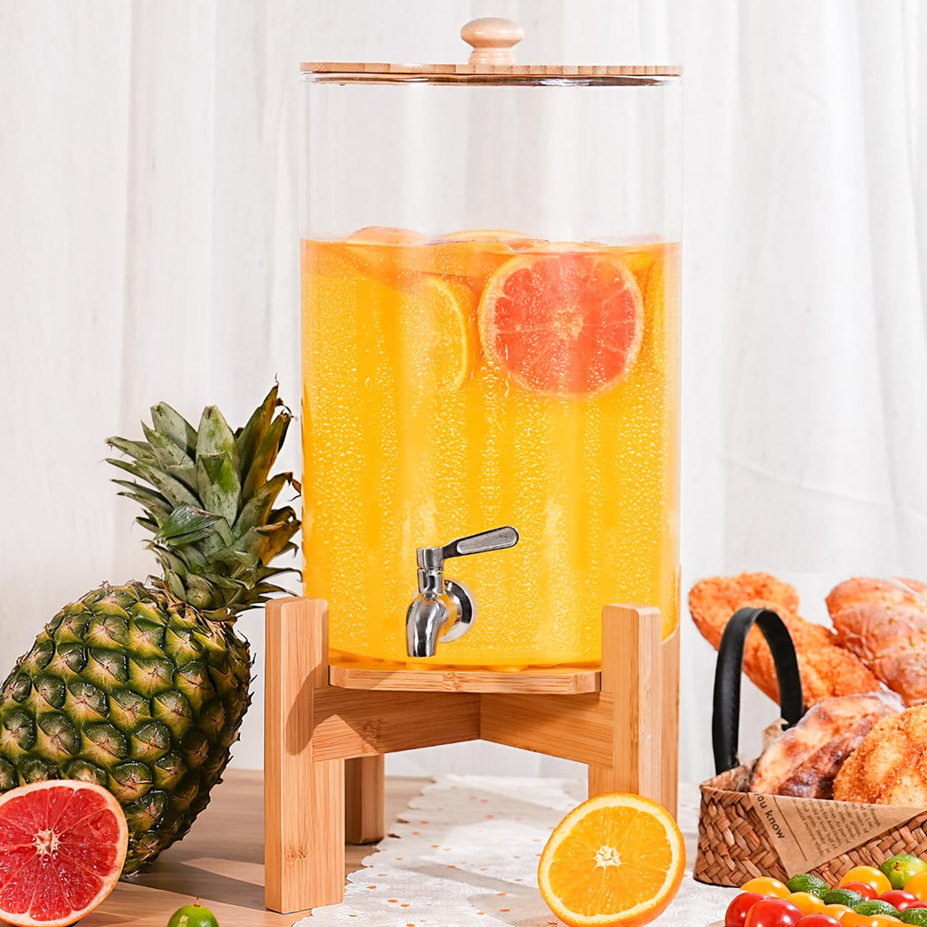 2.2 Gallon Glass Beverage Dispenser with Wood Stand and Stainless Steel Spigot E47059