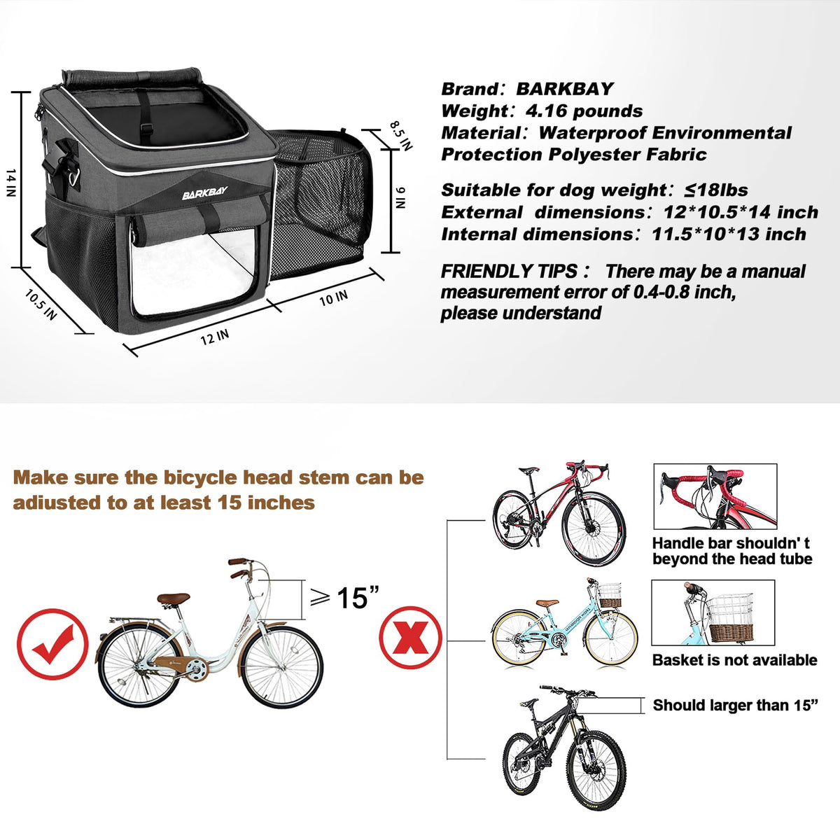 Foldable Soft-Sided Dog Bike Basket Carrier with 2 Open Doors A9630