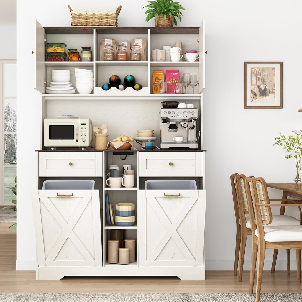 White Kitchen Pantry Storage Cabinet with Power Outlets and Two Drawers J6459