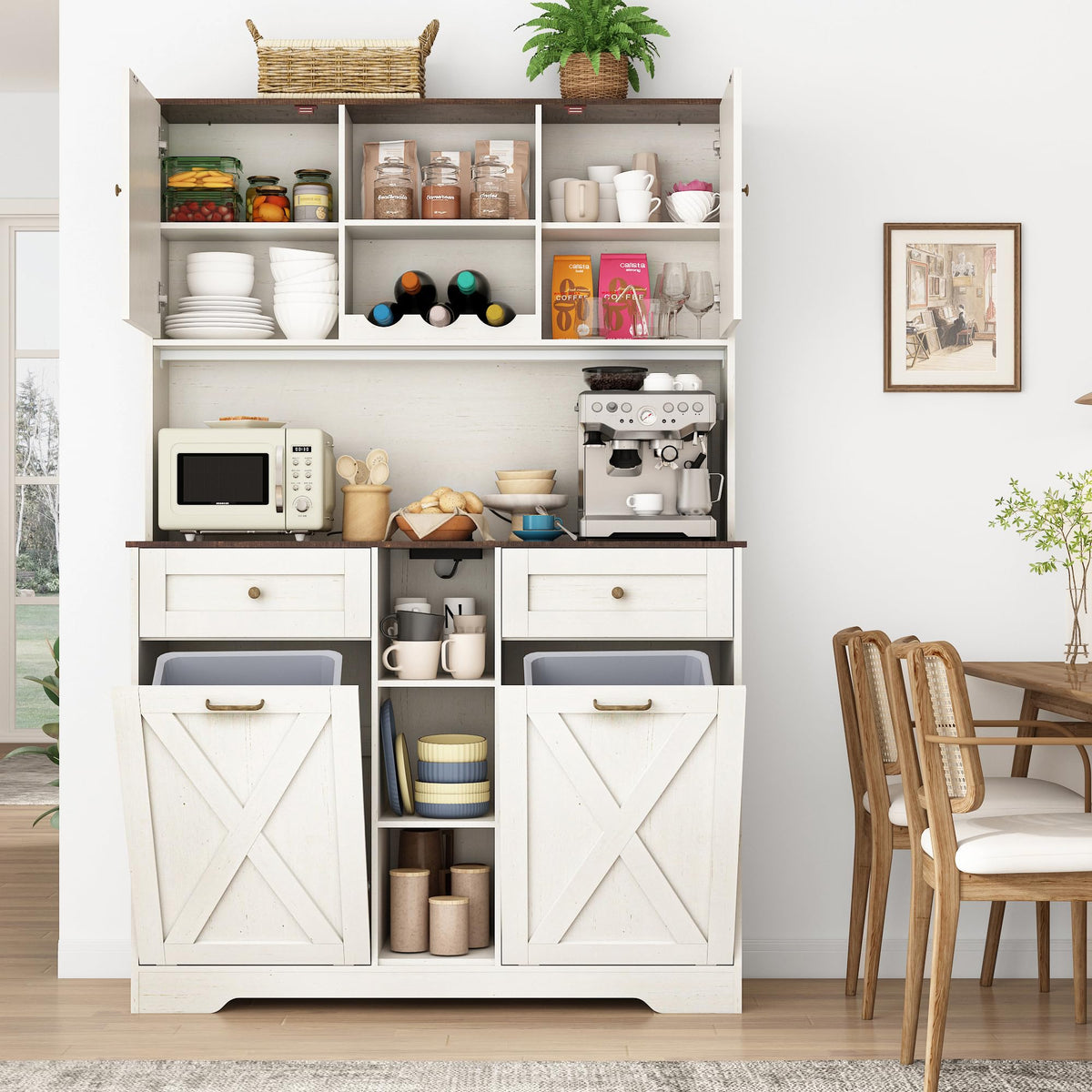 White Kitchen Pantry Storage Cabinet with Power Outlets and Two Drawers J6459