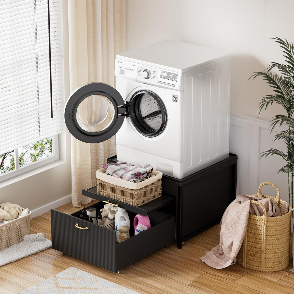 Black 2 Pack Washer Dryer Pedestals with Drawer R6047