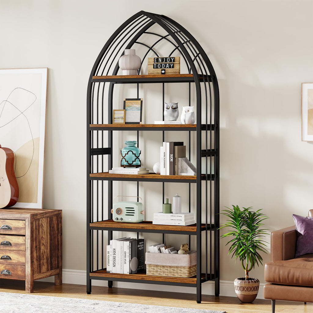 5-Tier 74.8-Inch Tall Curved Wood Bookshelf with Metal Frame R113