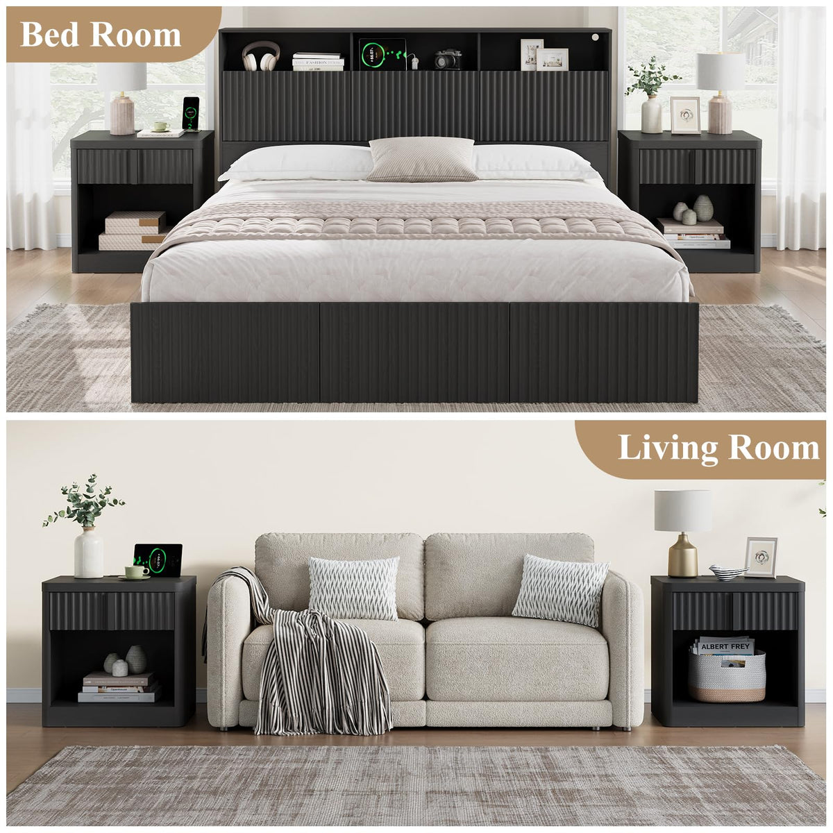 23.6" Fluted Nightstand with Charging Station, Black D39961