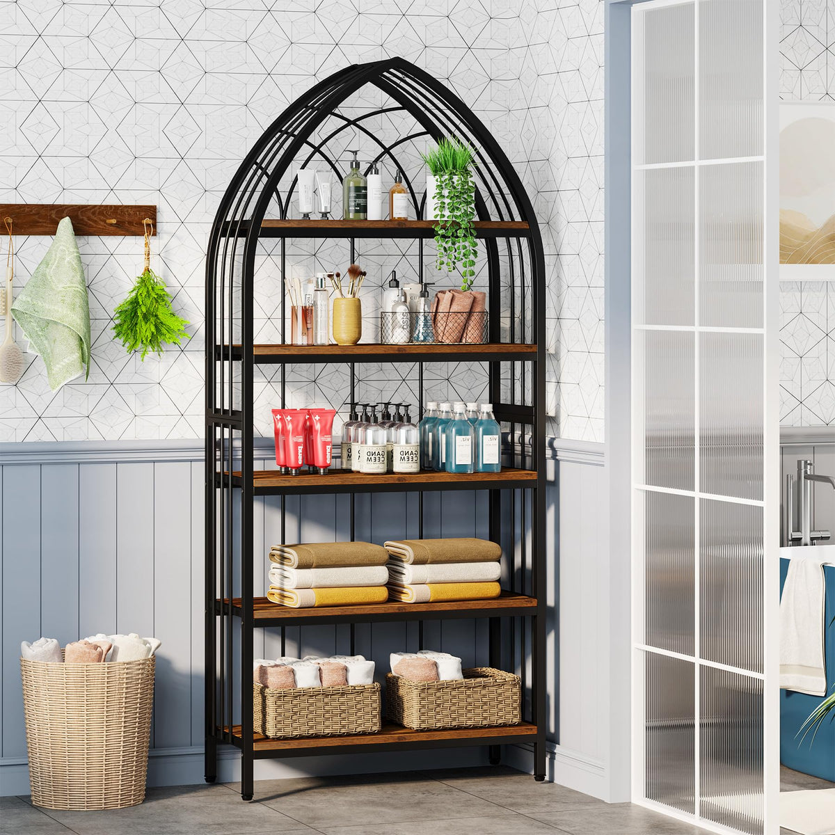 5-Tier 74.8-Inch Tall Curved Wood Bookshelf with Metal Frame R113
