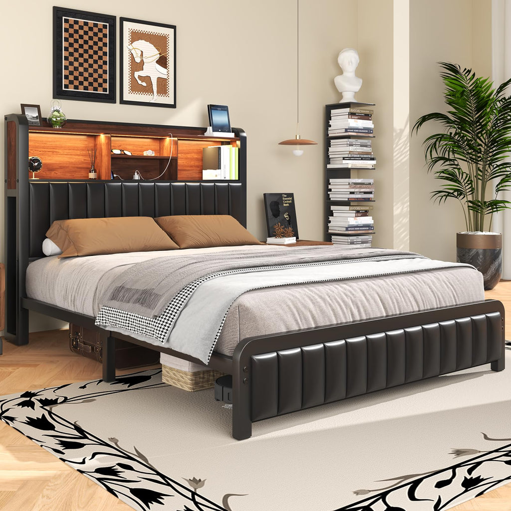 Black Full Size Bed Frame with Storage Headboard X394