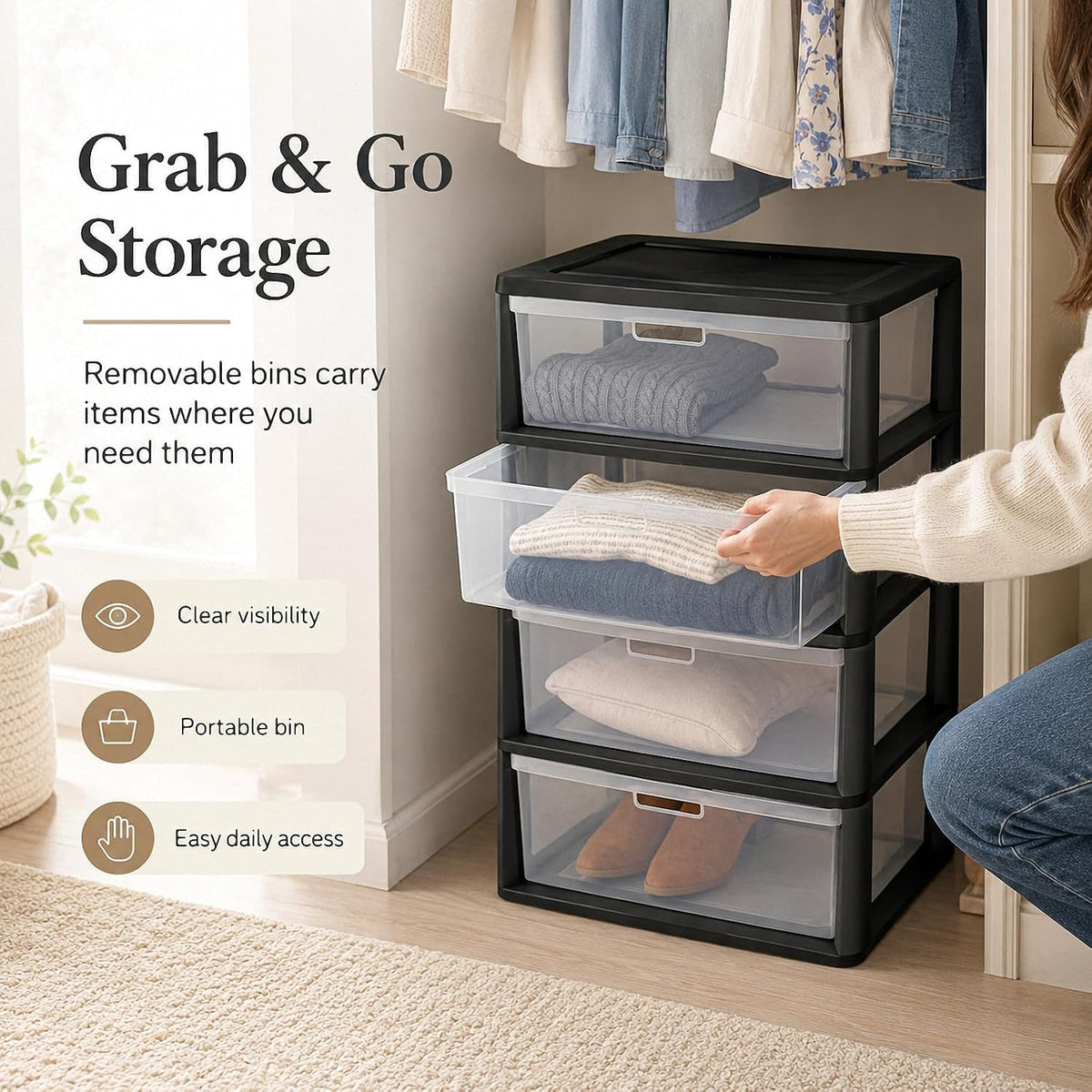 4 Drawer Black Plastic Storage Tower L321