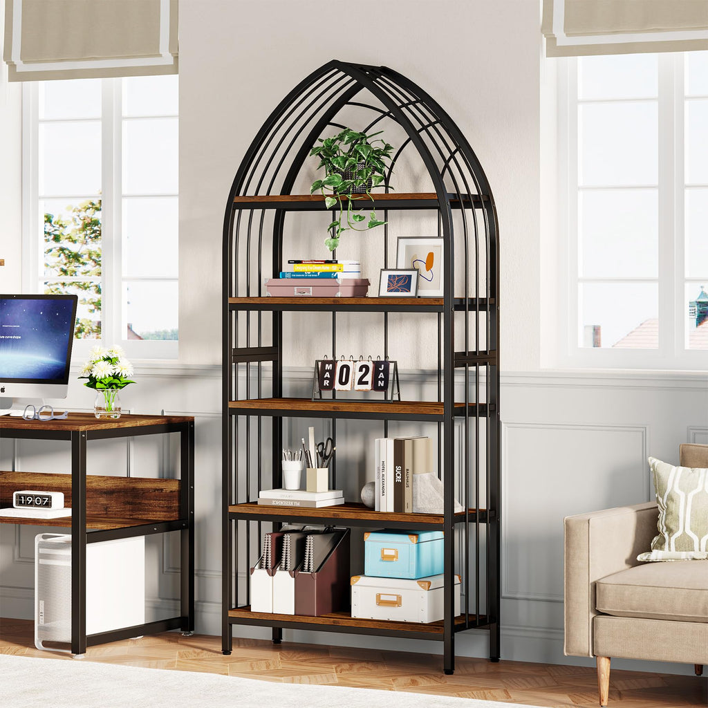 5-Tier 74.8-Inch Tall Curved Wood Bookshelf with Metal Frame R113