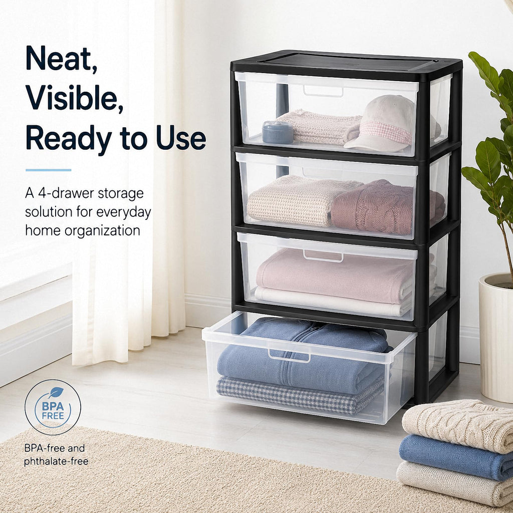4 Drawer Black Plastic Storage Tower L321