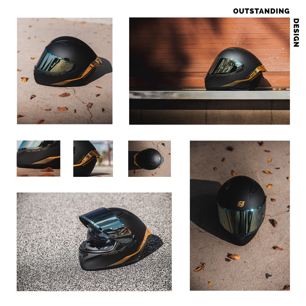Full Face Dual Visor Adult Motorcycle Helmet Matte Black Gold C978