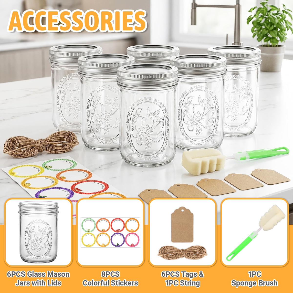 16 oz 6 Pack Wide Mouth Mason Jars with Airtight Lids H5776