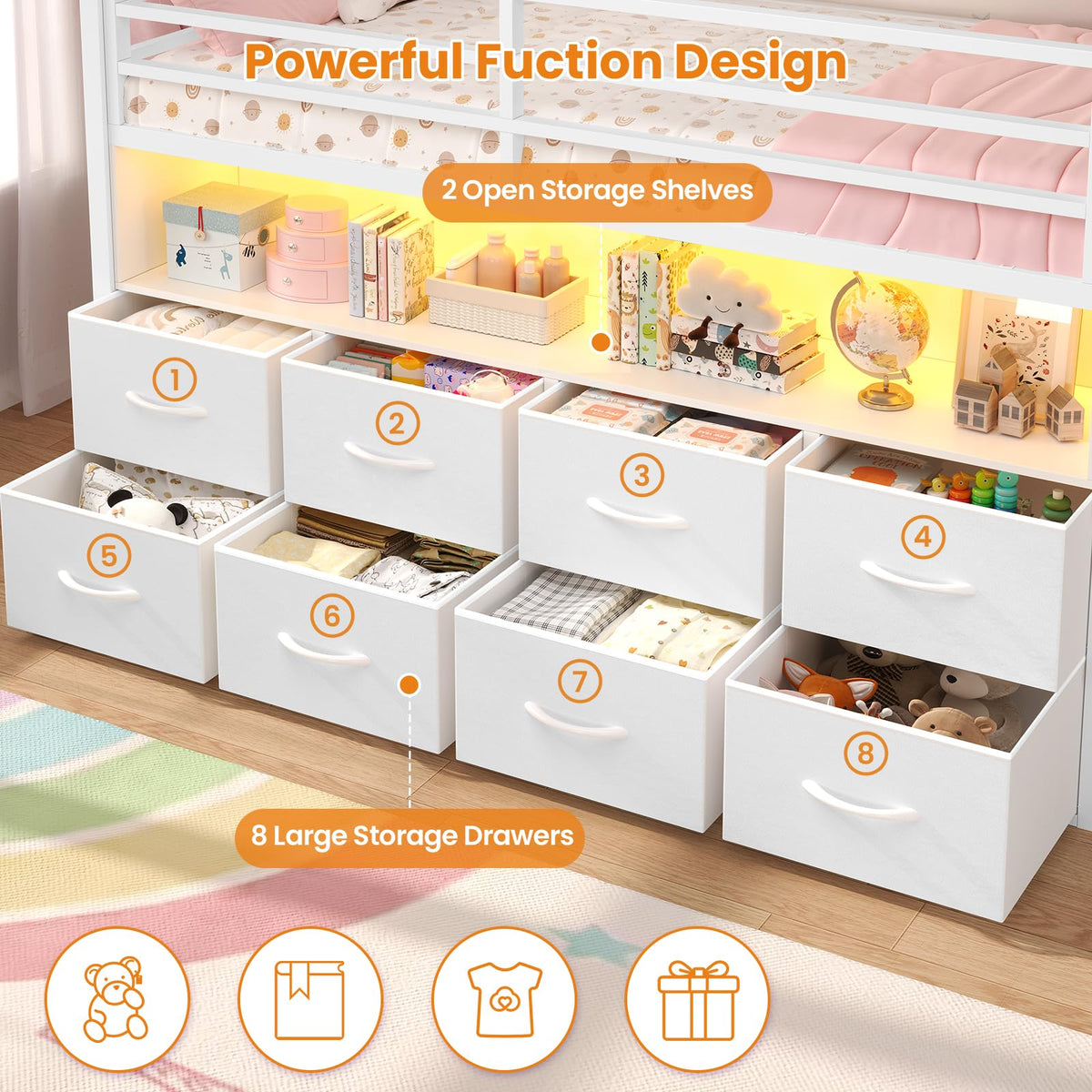 Twin Size Low Loft Bed with 8 Storage Drawers L914282