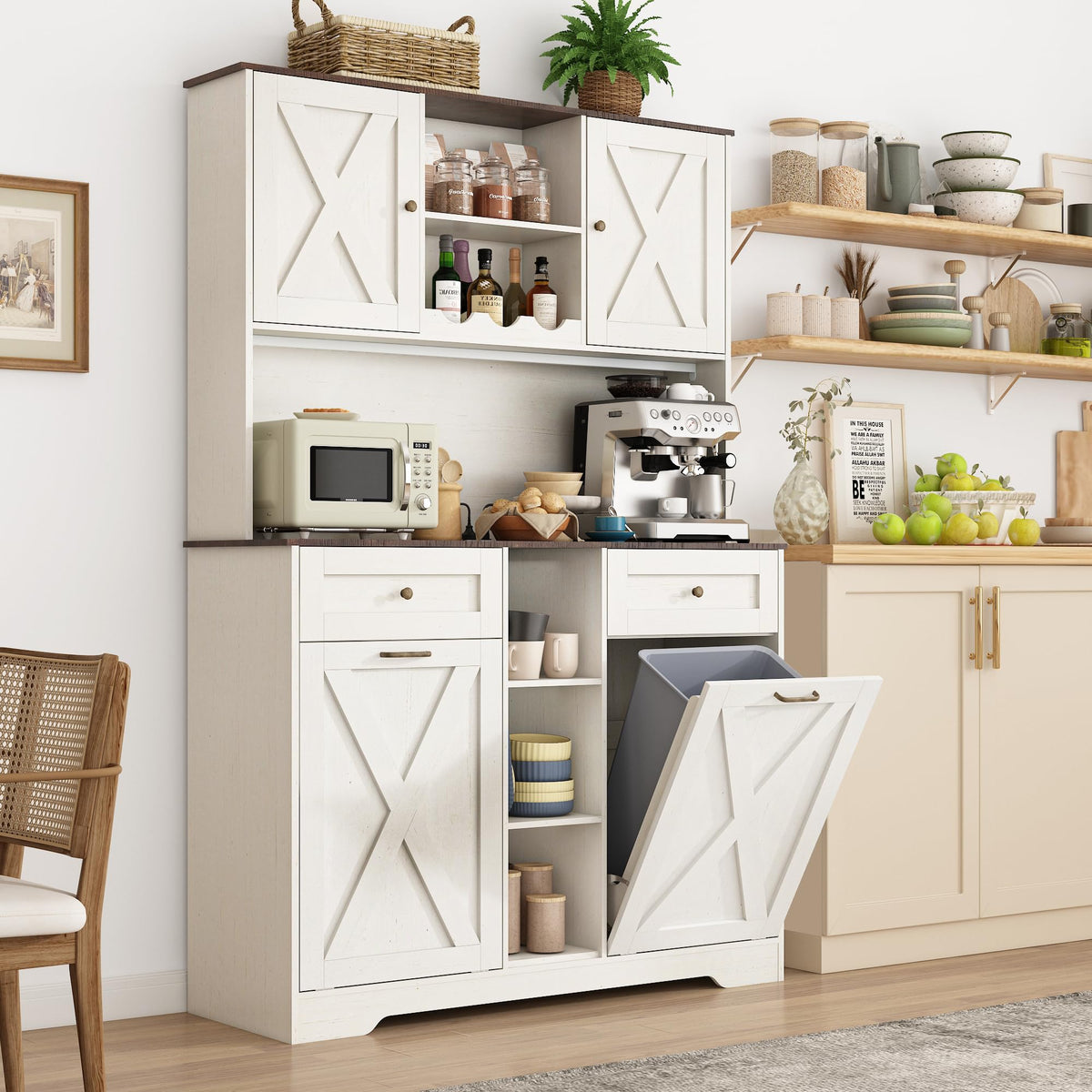 White Kitchen Pantry Storage Cabinet with Power Outlets and Two Drawers J6459