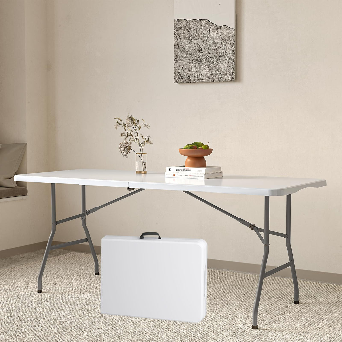 6FT White Folding Picnic Table with Carrying Handle S305387