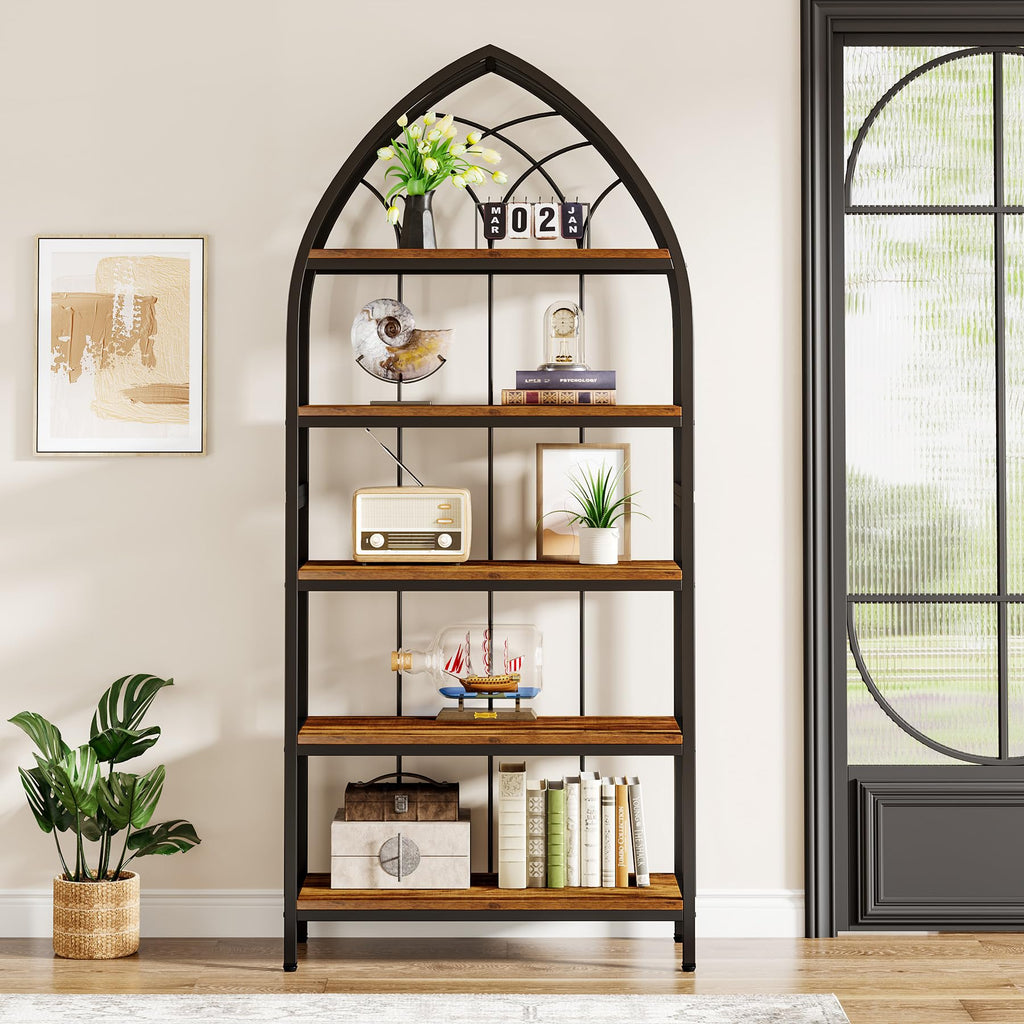 5-Tier 74.8-Inch Tall Curved Wood Bookshelf with Metal Frame R113