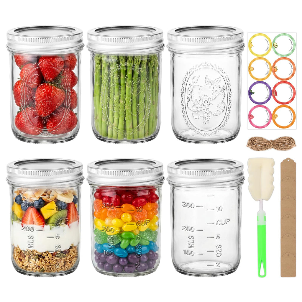 16 oz 6 Pack Wide Mouth Mason Jars with Airtight Lids H5776