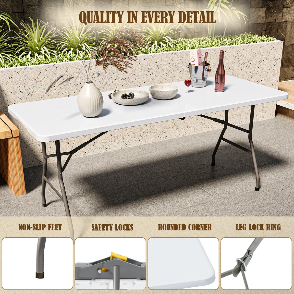 6FT White Folding Picnic Table with Carrying Handle S305387