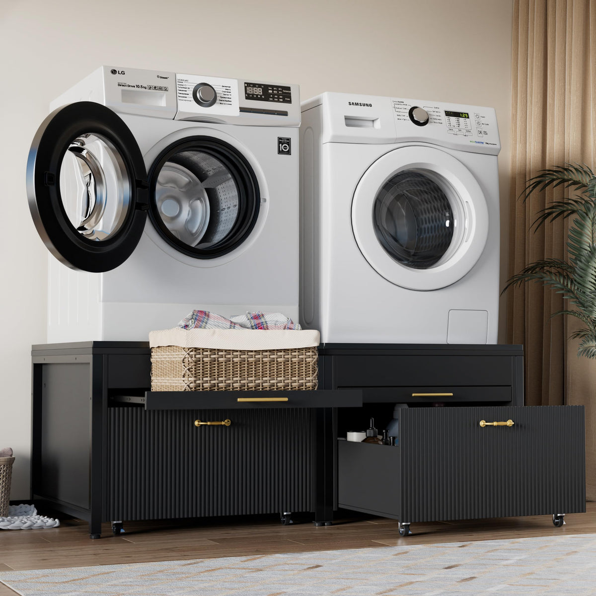 Black 2 Pack Washer Dryer Pedestals with Drawer R6047