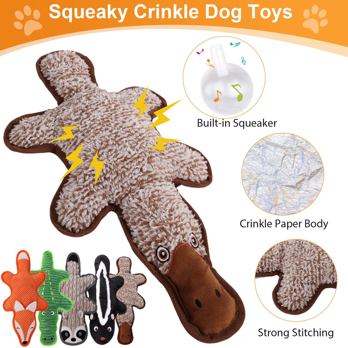 5 Pack Squeaky Plush Dog Toys with Crinkle Paper A157