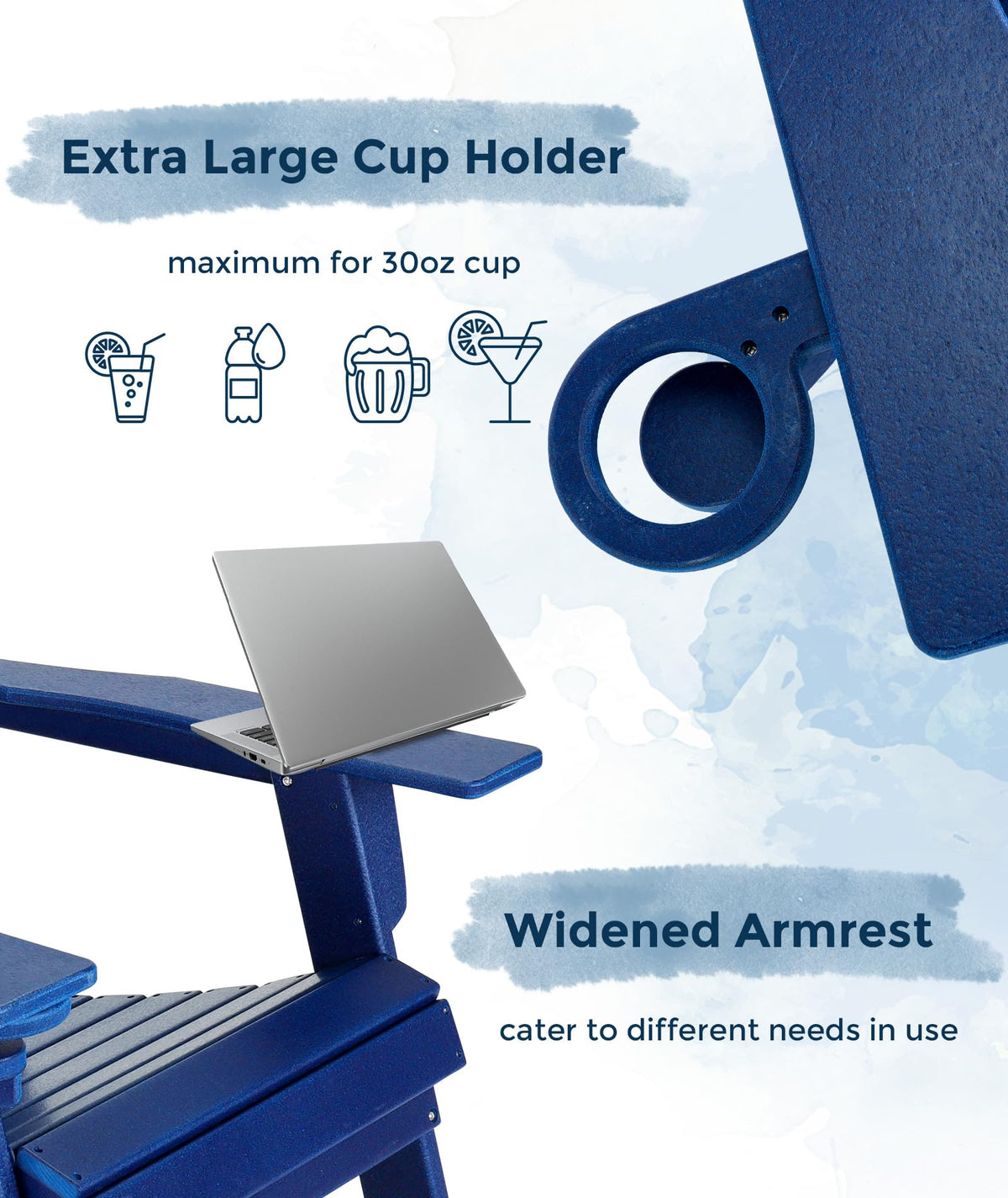 Oversized Folding HDPE Adirondack Chair with Cup Holder, Blue V4398