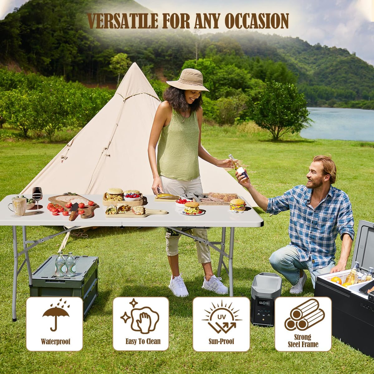 6FT White Folding Picnic Table with Carrying Handle S305387