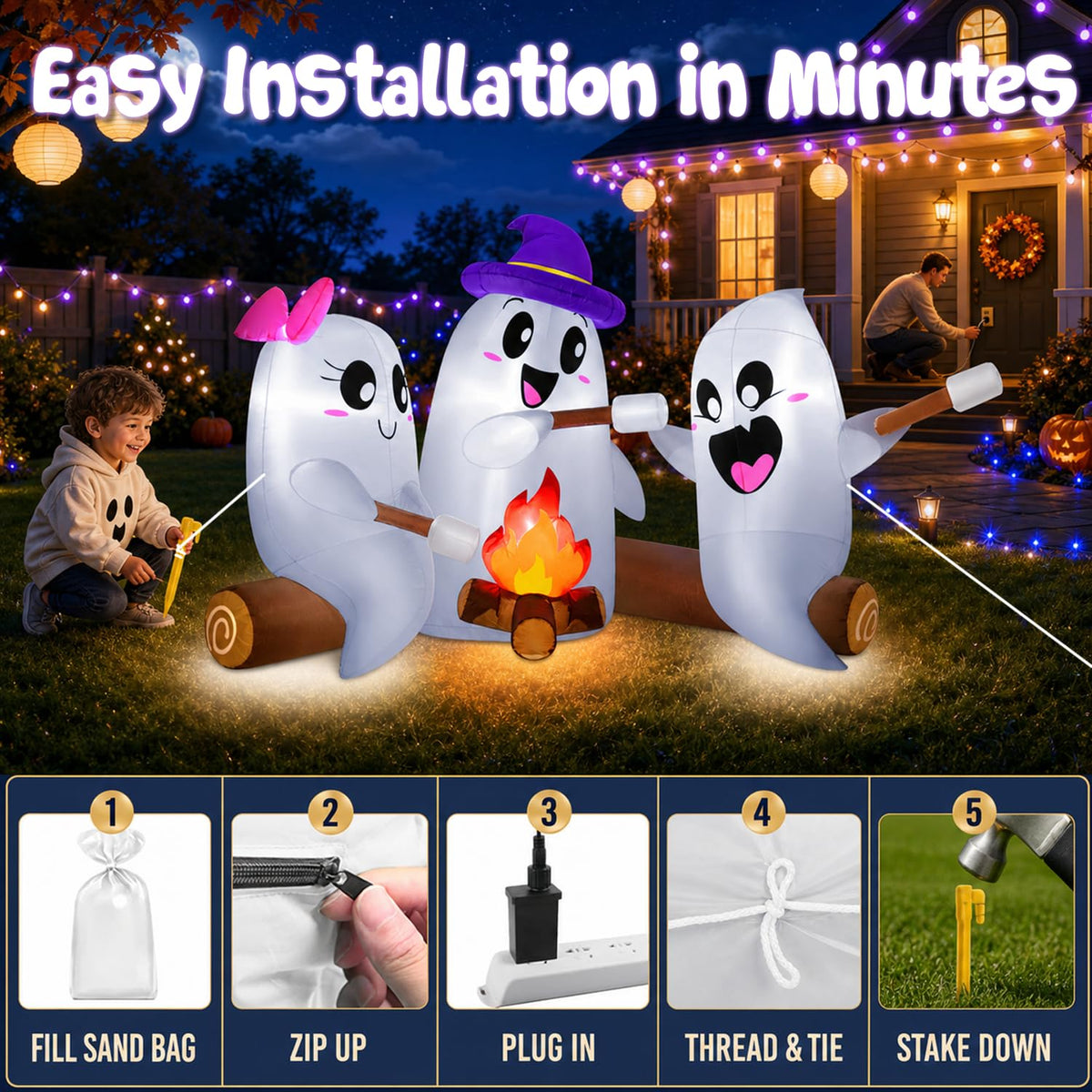 6FT Halloween Inflatables Outdoor Campfire Ghosts with Built-in LEDs R870247