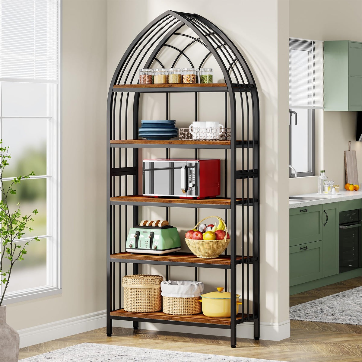 5-Tier 74.8-Inch Tall Curved Wood Bookshelf with Metal Frame R113
