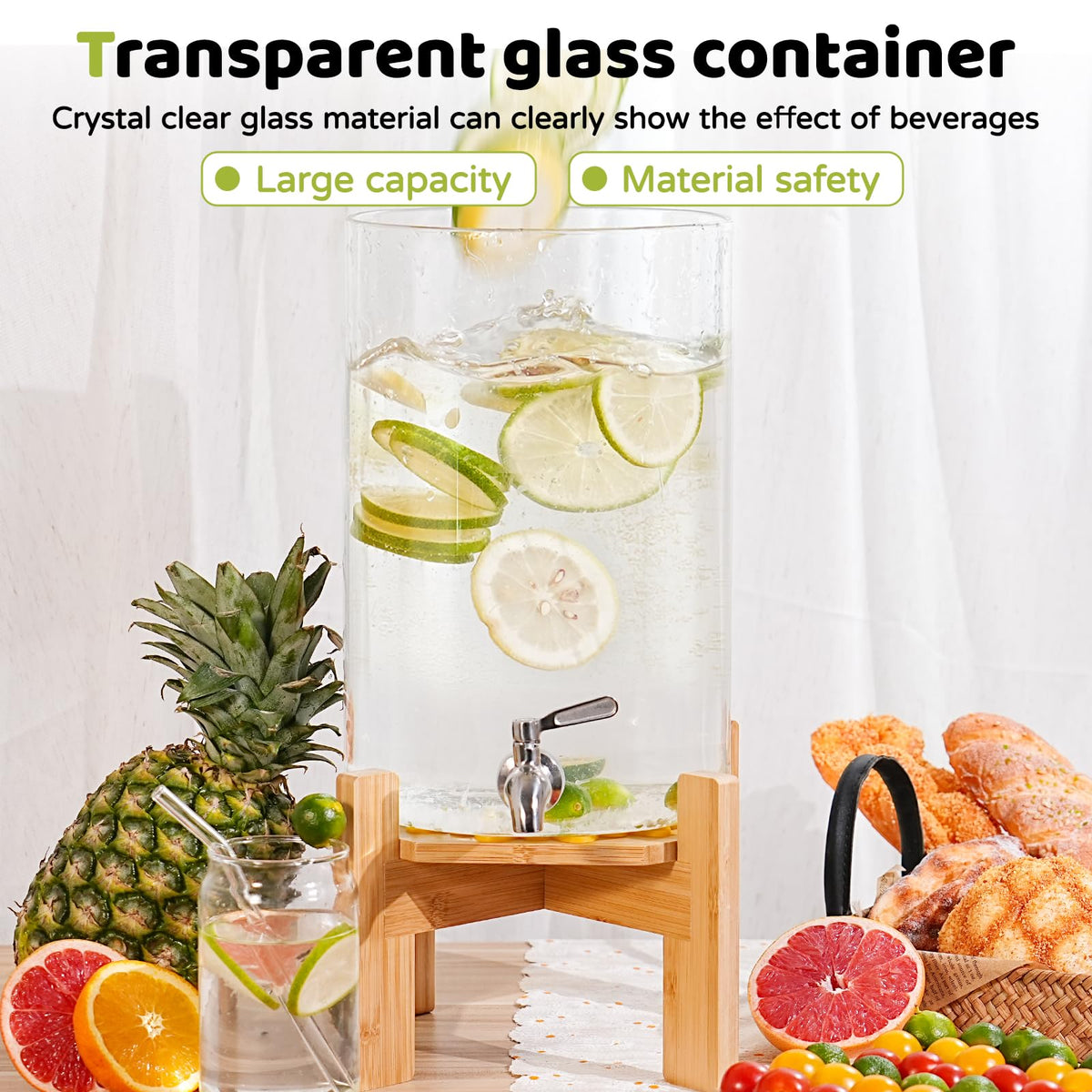 2.2 Gallon Glass Beverage Dispenser with Wood Stand and Stainless Steel Spigot E47059
