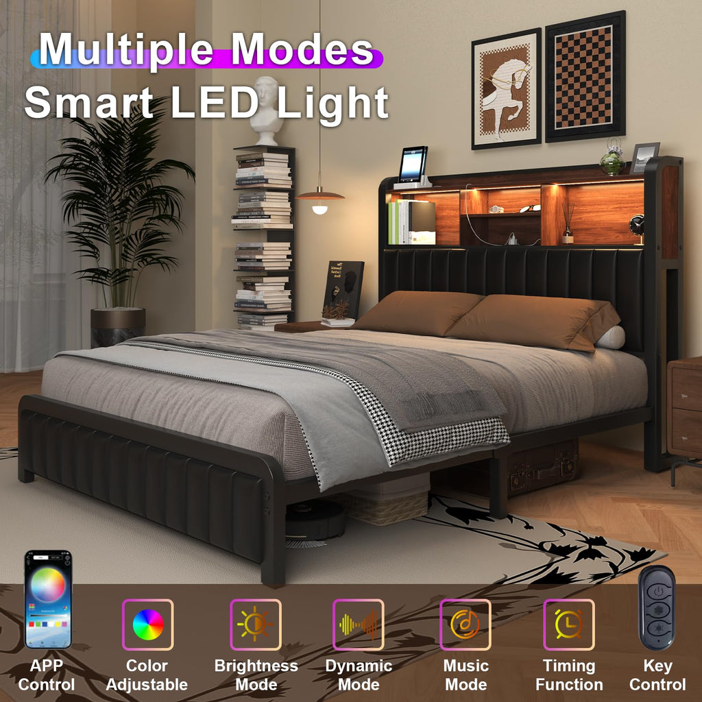 Black Full Size Bed Frame with Storage Headboard X394