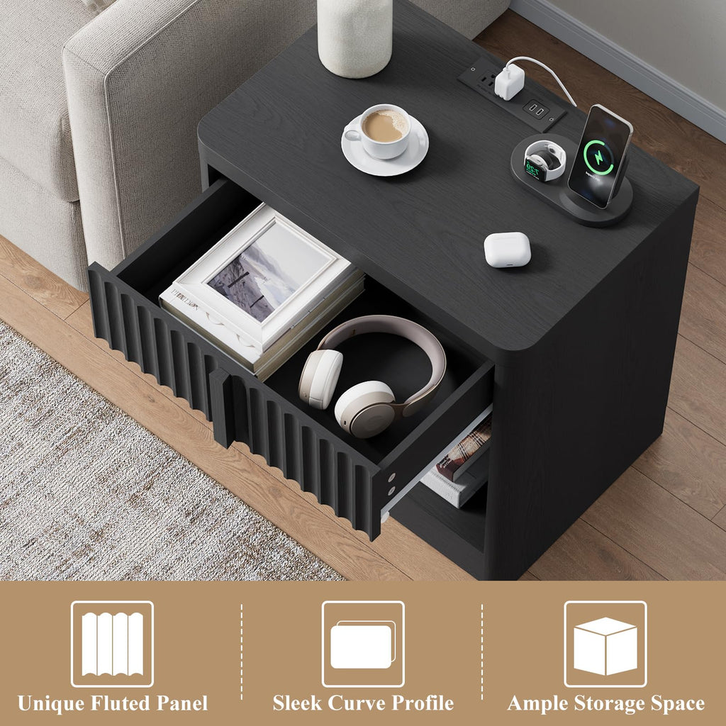 23.6" Fluted Nightstand with Charging Station, Black D39961