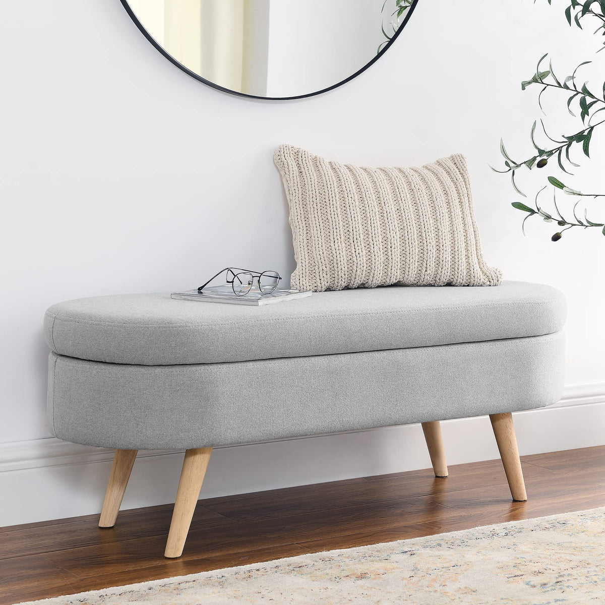 Linen Gray Upholstered Storage Ottoman Bench G27133