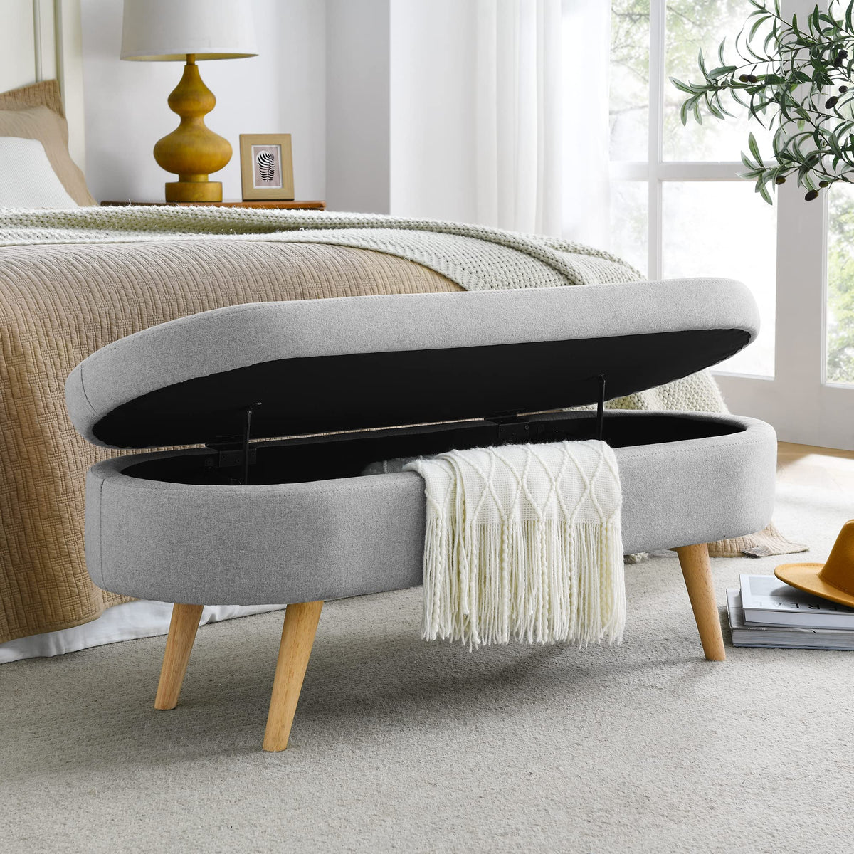 Linen Gray Upholstered Storage Ottoman Bench G27133