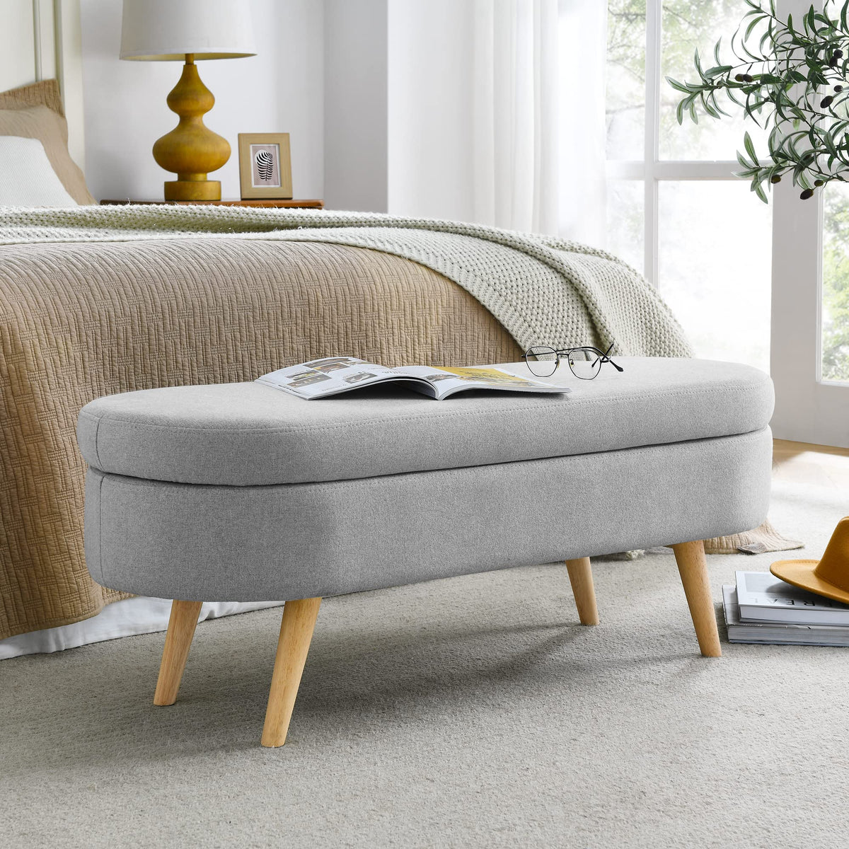 Linen Gray Upholstered Storage Ottoman Bench G27133