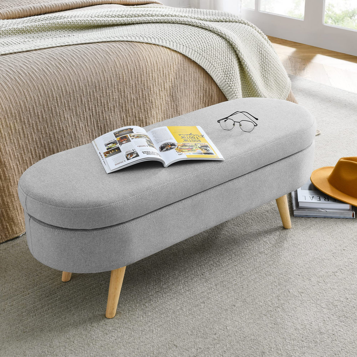 Linen Gray Upholstered Storage Ottoman Bench G27133
